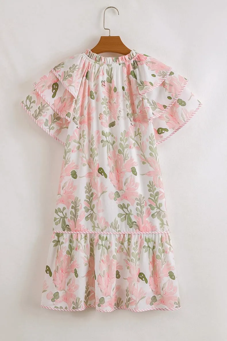 Melliflo Floral Babydoll Dress for Women V Neck Contrast Edge Layered Short Sleeve Flowy Ruffle Mini Dress