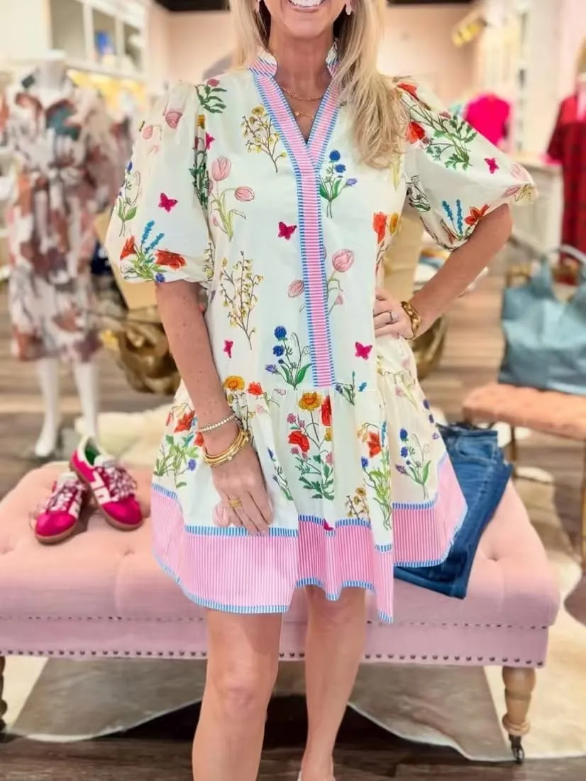 Melliflo Womens Summer Floral Mini Dress Contrast Trim V Neck Short Puff Sleeve A Line Dress Casual Boho Ruffle Sundress