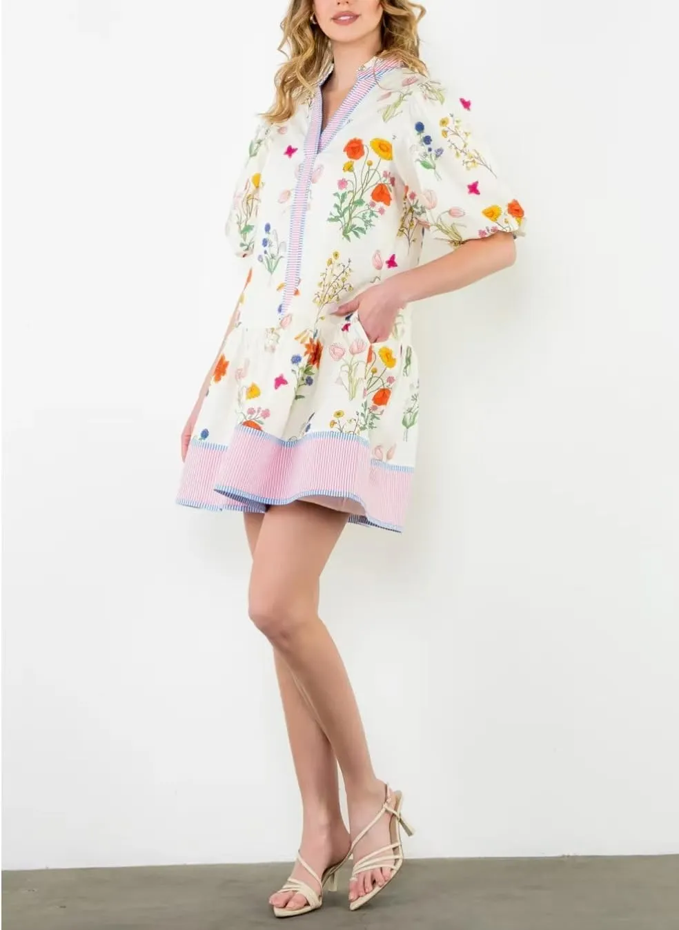 Melliflo Womens Summer Floral Mini Dress Contrast Trim V Neck Short Puff Sleeve A Line Dress Casual Boho Ruffle Sundress