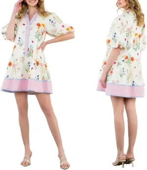 Melliflo Womens Summer Floral Mini Dress Contrast Trim V Neck Short Puff Sleeve A Line Dress Casual Boho Ruffle Sundress