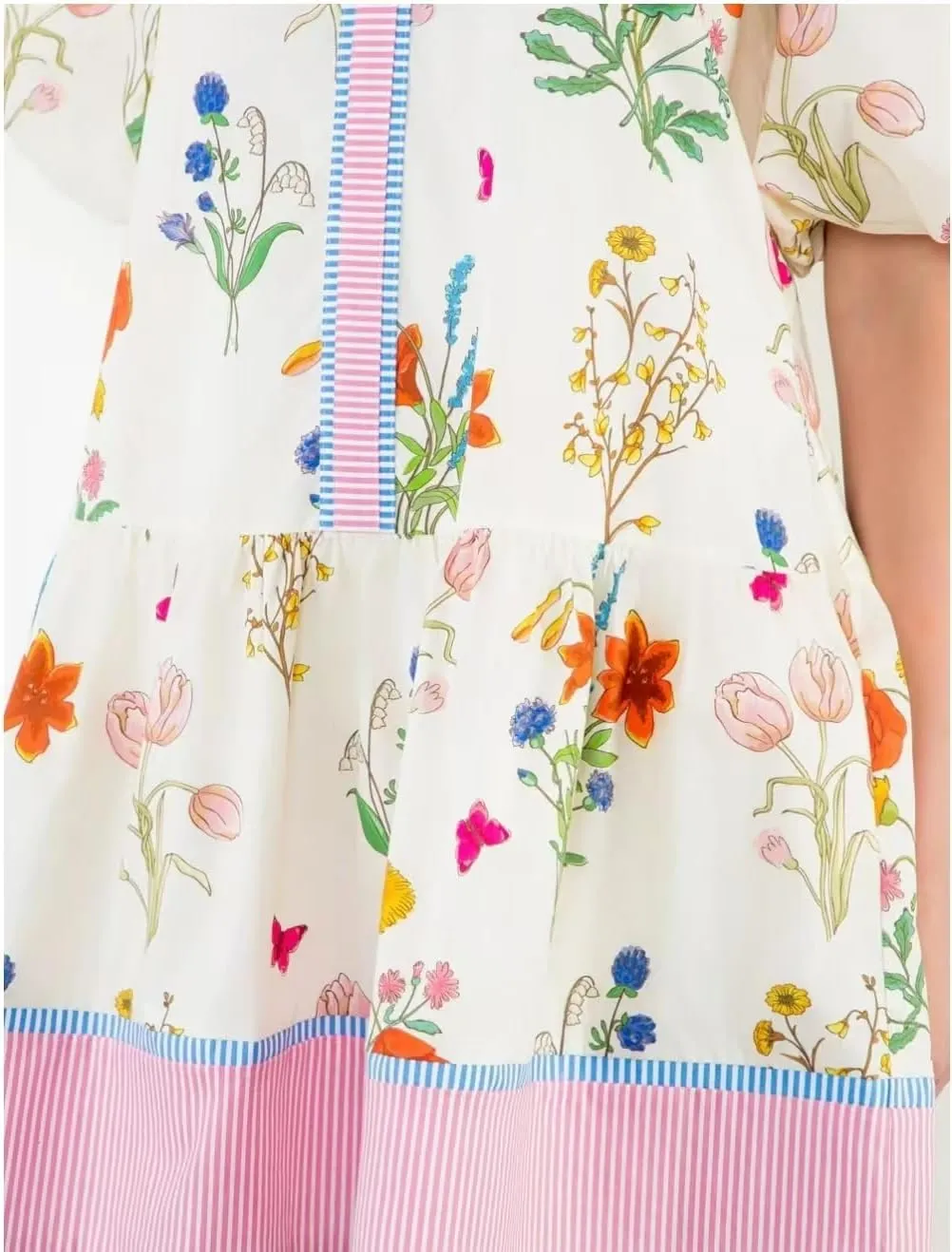 Melliflo Womens Summer Floral Mini Dress Contrast Trim V Neck Short Puff Sleeve A Line Dress Casual Boho Ruffle Sundress