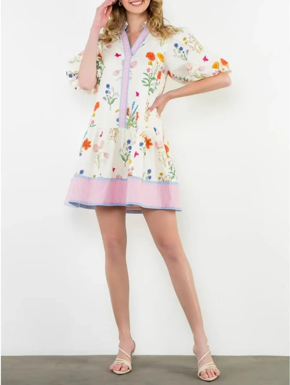 Melliflo Womens Summer Floral Mini Dress Contrast Trim V Neck Short Puff Sleeve A Line Dress Casual Boho Ruffle Sundress