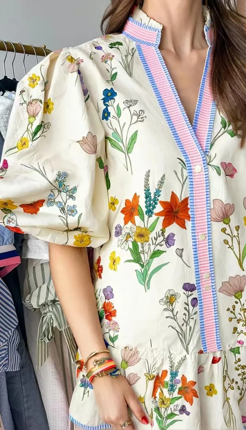 Melliflo Womens Summer Floral Mini Dress Contrast Trim V Neck Short Puff Sleeve A Line Dress Casual Boho Ruffle Sundress