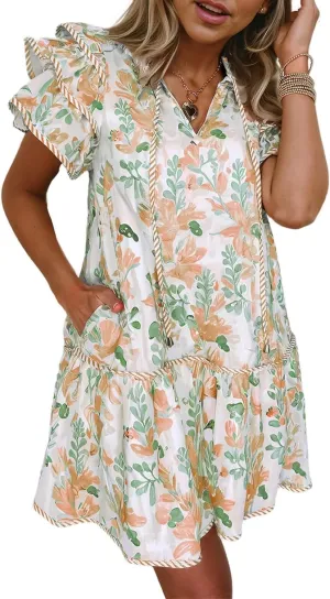 Melliflo Women's Summer Floral Mini Dress Ruffle Short Sleeve V Neck Tiered Layered Boho Swing Dresses Spring Beach Sundress