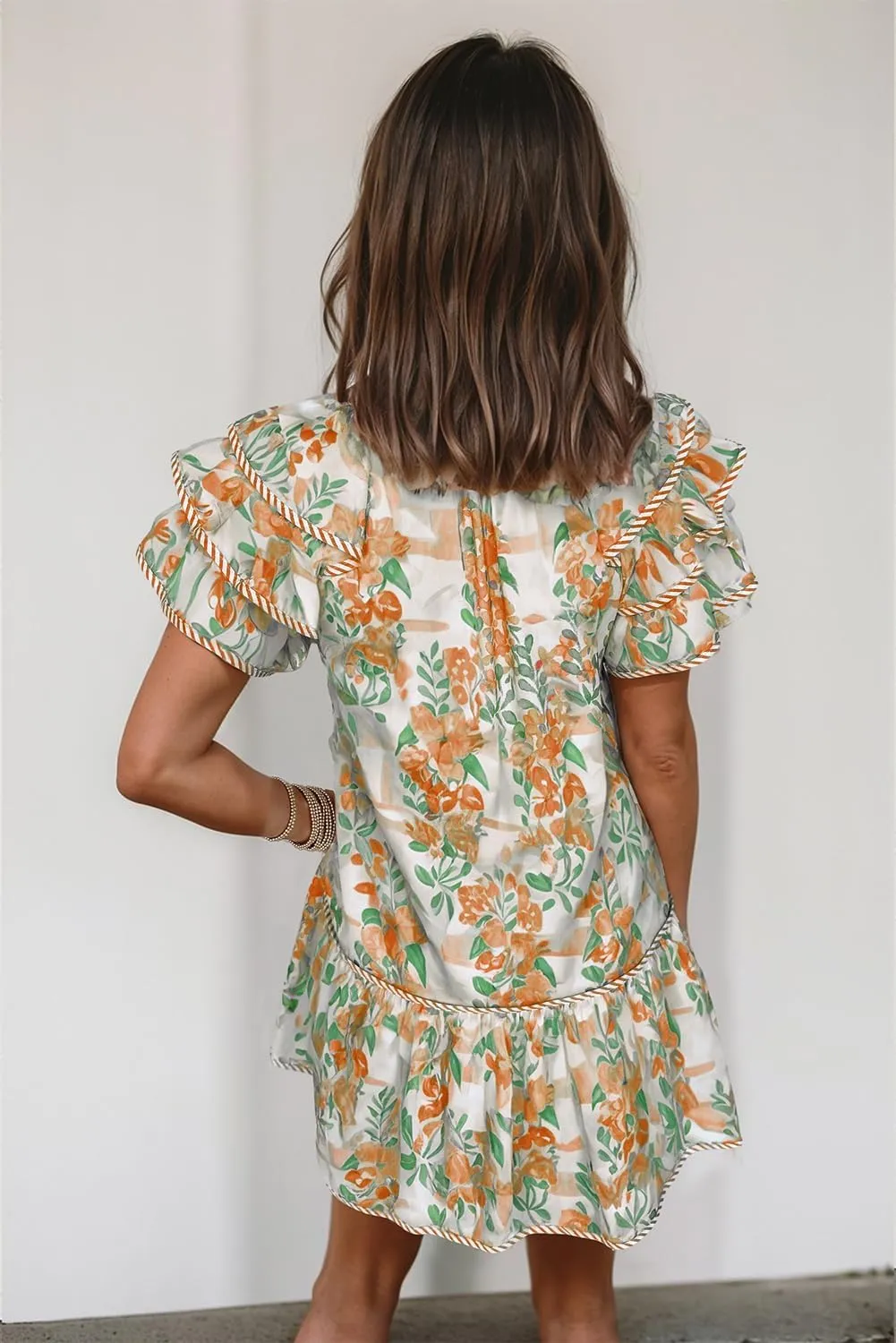 Melliflo Women's Summer Floral Mini Dress Ruffle Short Sleeve V Neck Tiered Layered Boho Swing Dresses Spring Beach Sundress