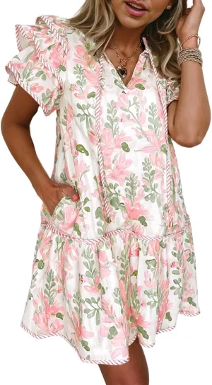Melliflo Women's Summer Floral Mini Dress Ruffle Short Sleeve V Neck Tiered Layered Boho Swing Dresses Spring Beach Sundress