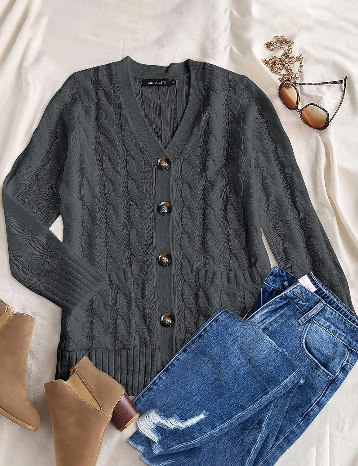 MEROKEETY Women's 2025 Fall Long Sleeve Cable Knit Sweater Open Front Cardigan Button Loose Outerwear