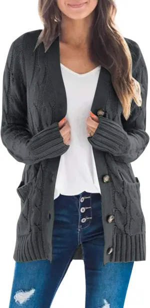 MEROKEETY Women's 2025 Fall Long Sleeve Cable Knit Sweater Open Front Cardigan Button Loose Outerwear