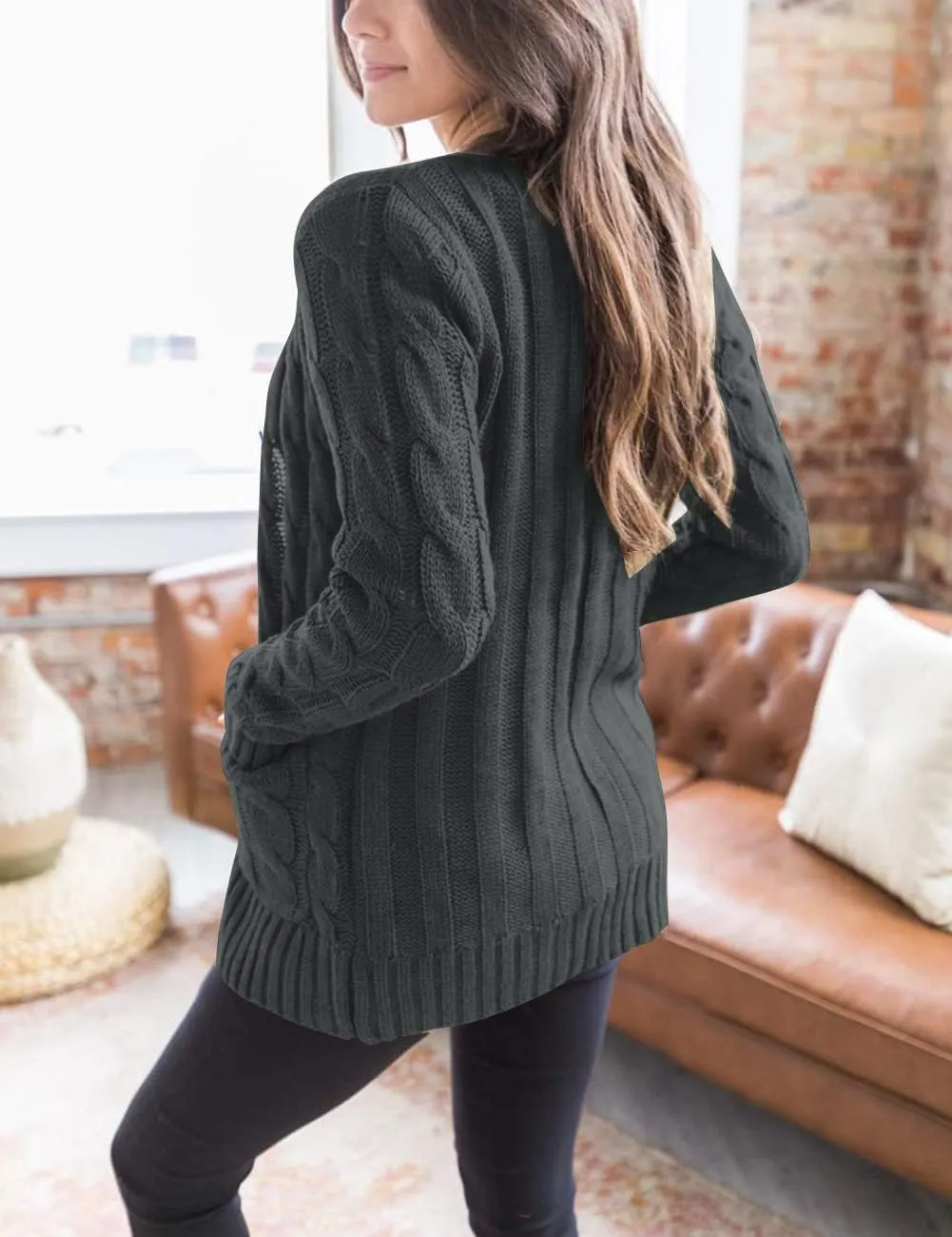 MEROKEETY Women's 2025 Fall Long Sleeve Cable Knit Sweater Open Front Cardigan Button Loose Outerwear
