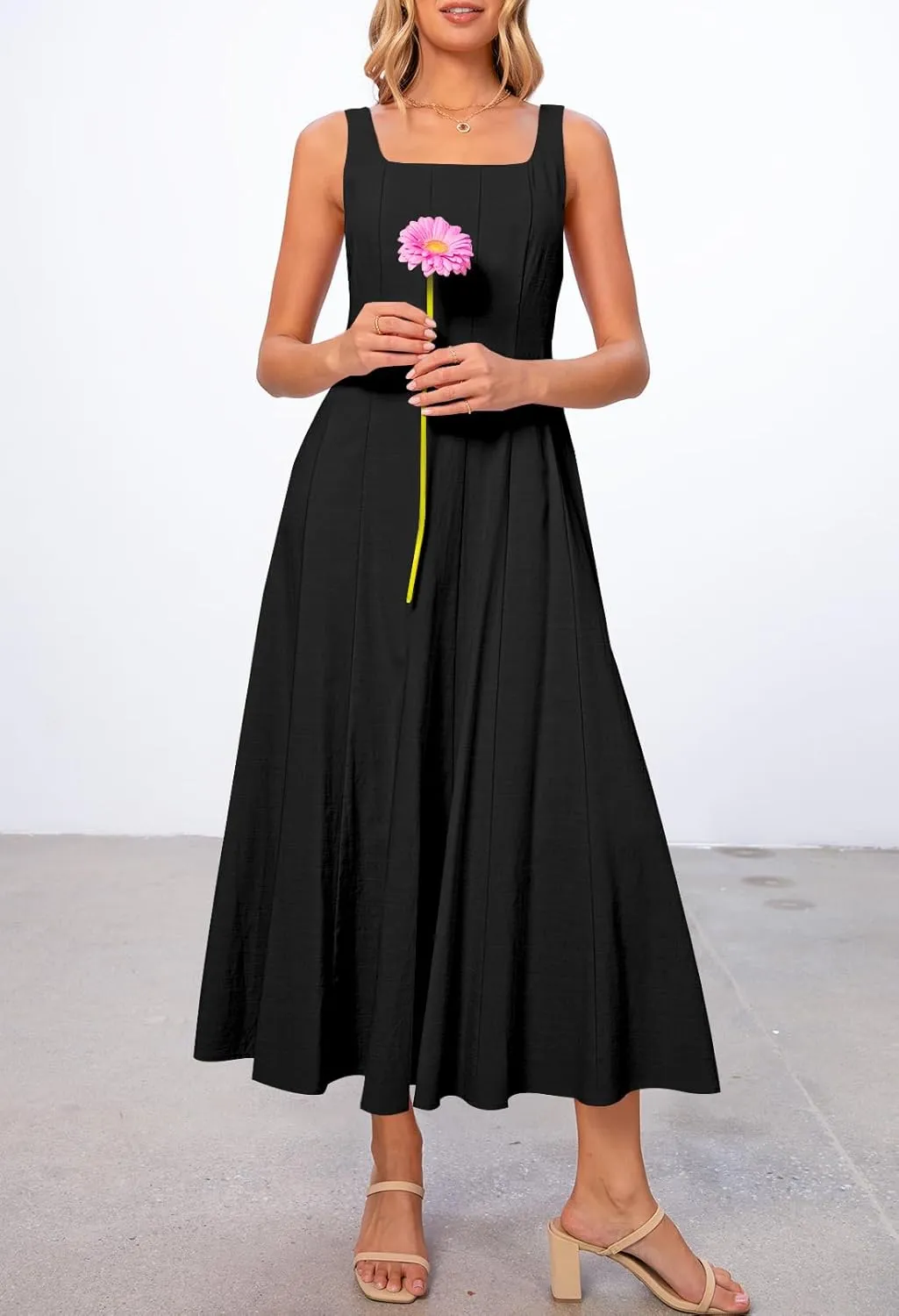MEROKEETY Women's 2025 Summer Sleeveless Midi Dress Square Neck Smocked Flowy A Line Beach Dresses