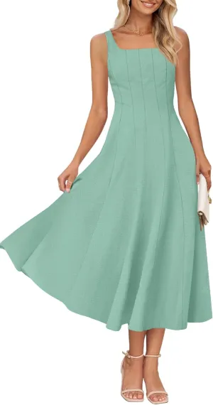 MEROKEETY Women's 2025 Summer Sleeveless Midi Dress Square Neck Smocked Flowy A Line Beach Dresses