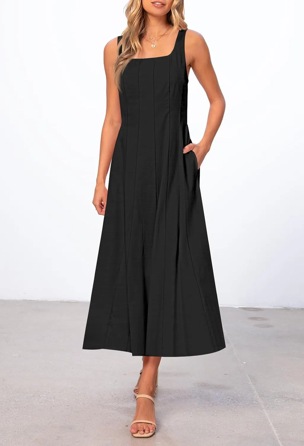 MEROKEETY Women's 2025 Summer Sleeveless Midi Dress Square Neck Smocked Flowy A Line Beach Dresses