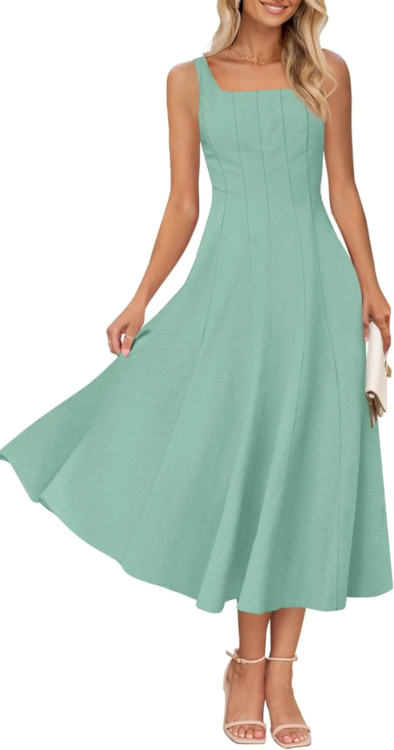 MEROKEETY Women's 2025 Summer Sleeveless Midi Dress Square Neck Smocked Flowy A Line Beach Dresses