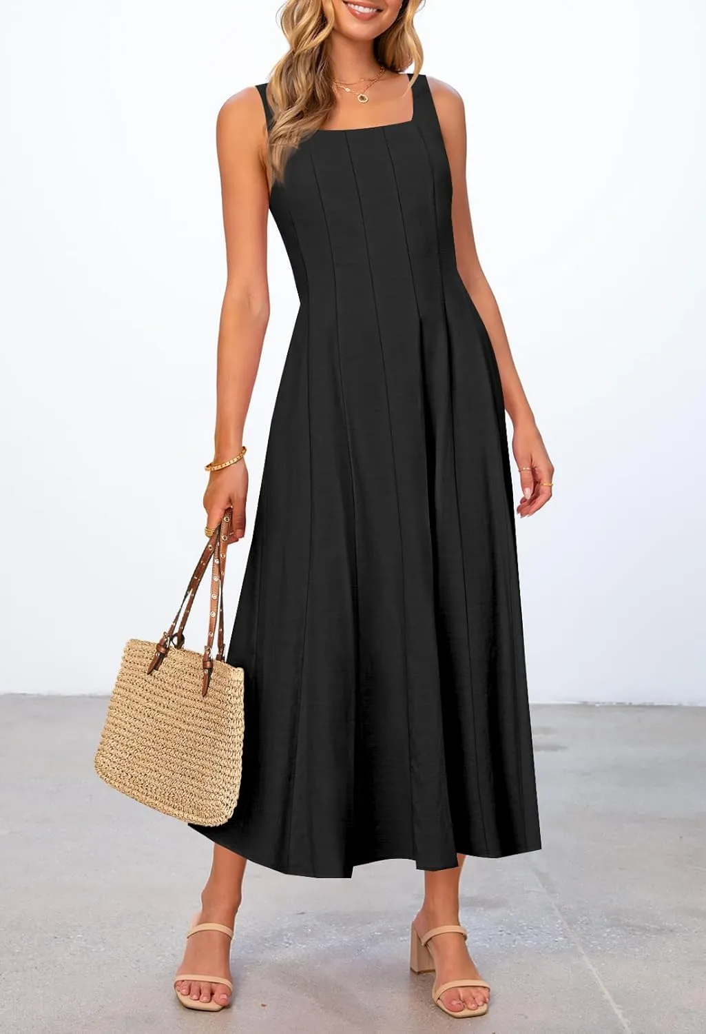 MEROKEETY Women's 2025 Summer Sleeveless Midi Dress Square Neck Smocked Flowy A Line Beach Dresses