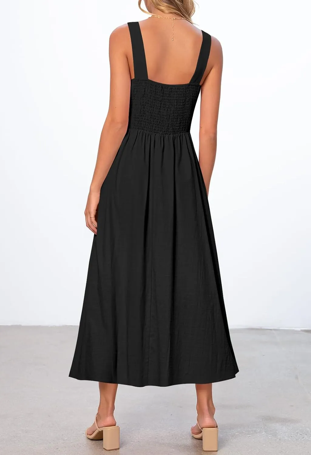 MEROKEETY Women's 2025 Summer Sleeveless Midi Dress Square Neck Smocked Flowy A Line Beach Dresses