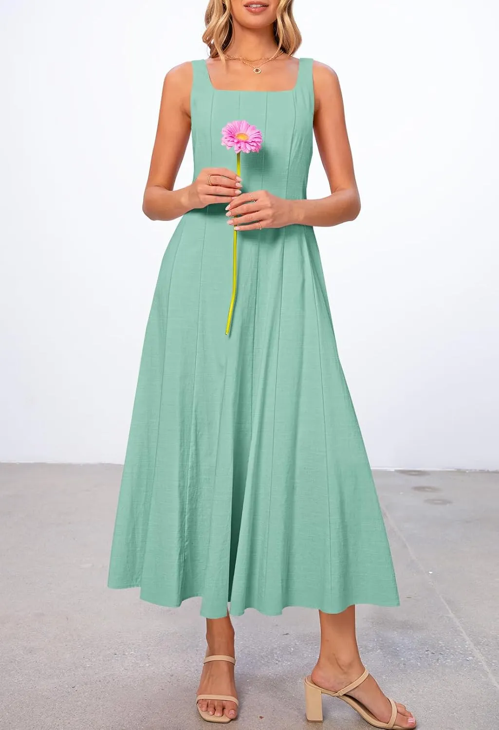 MEROKEETY Women's 2025 Summer Sleeveless Midi Dress Square Neck Smocked Flowy A Line Beach Dresses