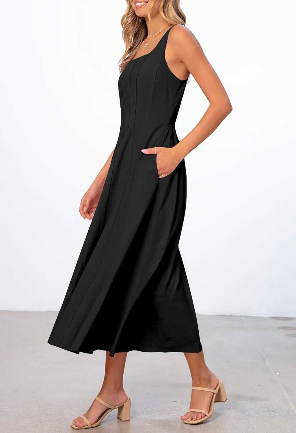 MEROKEETY Women's 2025 Summer Sleeveless Midi Dress Square Neck Smocked Flowy A Line Beach Dresses