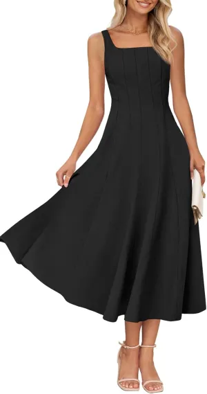 MEROKEETY Women's 2025 Summer Sleeveless Midi Dress Square Neck Smocked Flowy A Line Beach Dresses