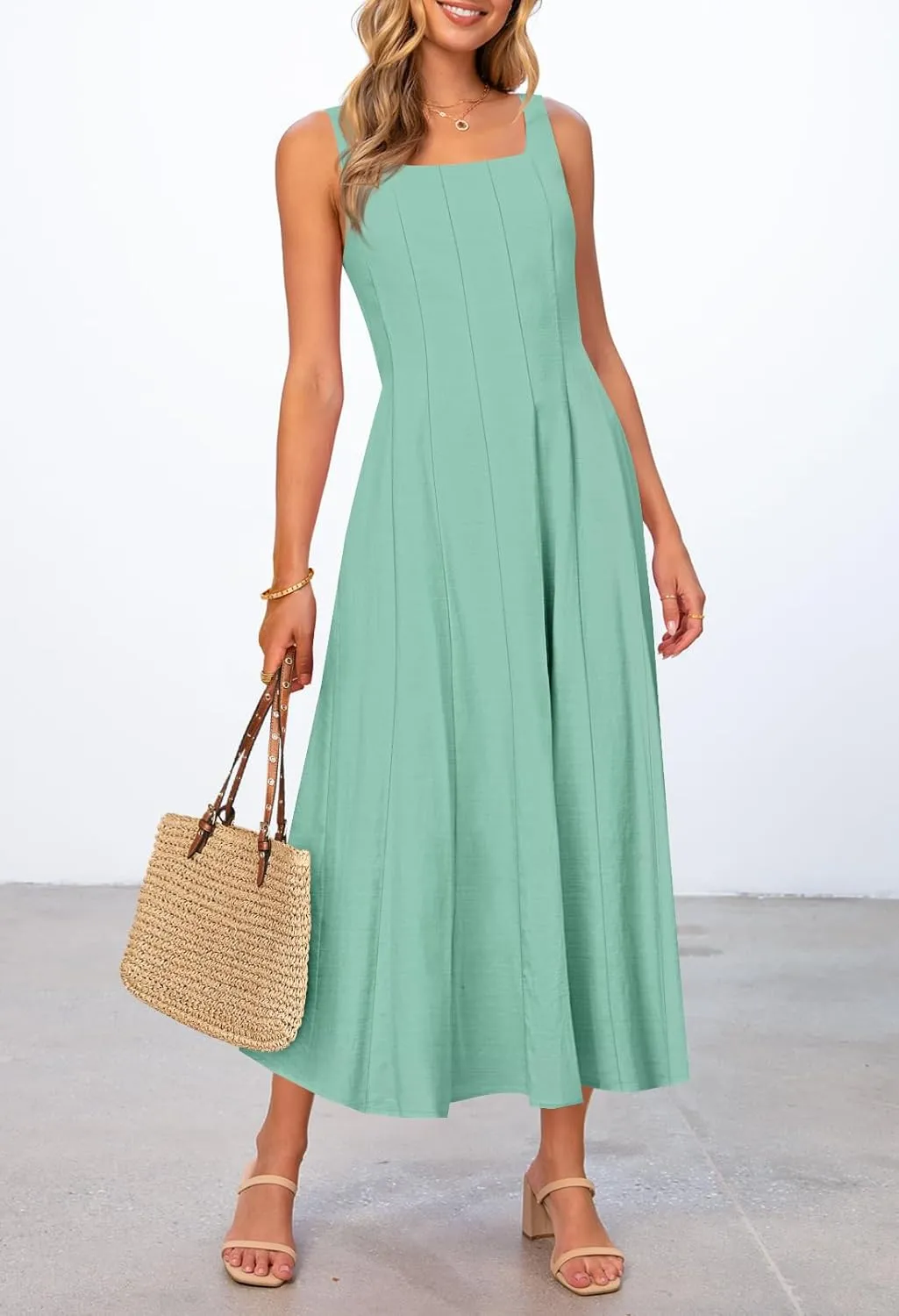 MEROKEETY Women's 2025 Summer Sleeveless Midi Dress Square Neck Smocked Flowy A Line Beach Dresses