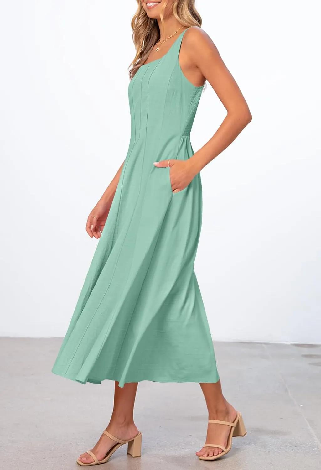 MEROKEETY Women's 2025 Summer Sleeveless Midi Dress Square Neck Smocked Flowy A Line Beach Dresses