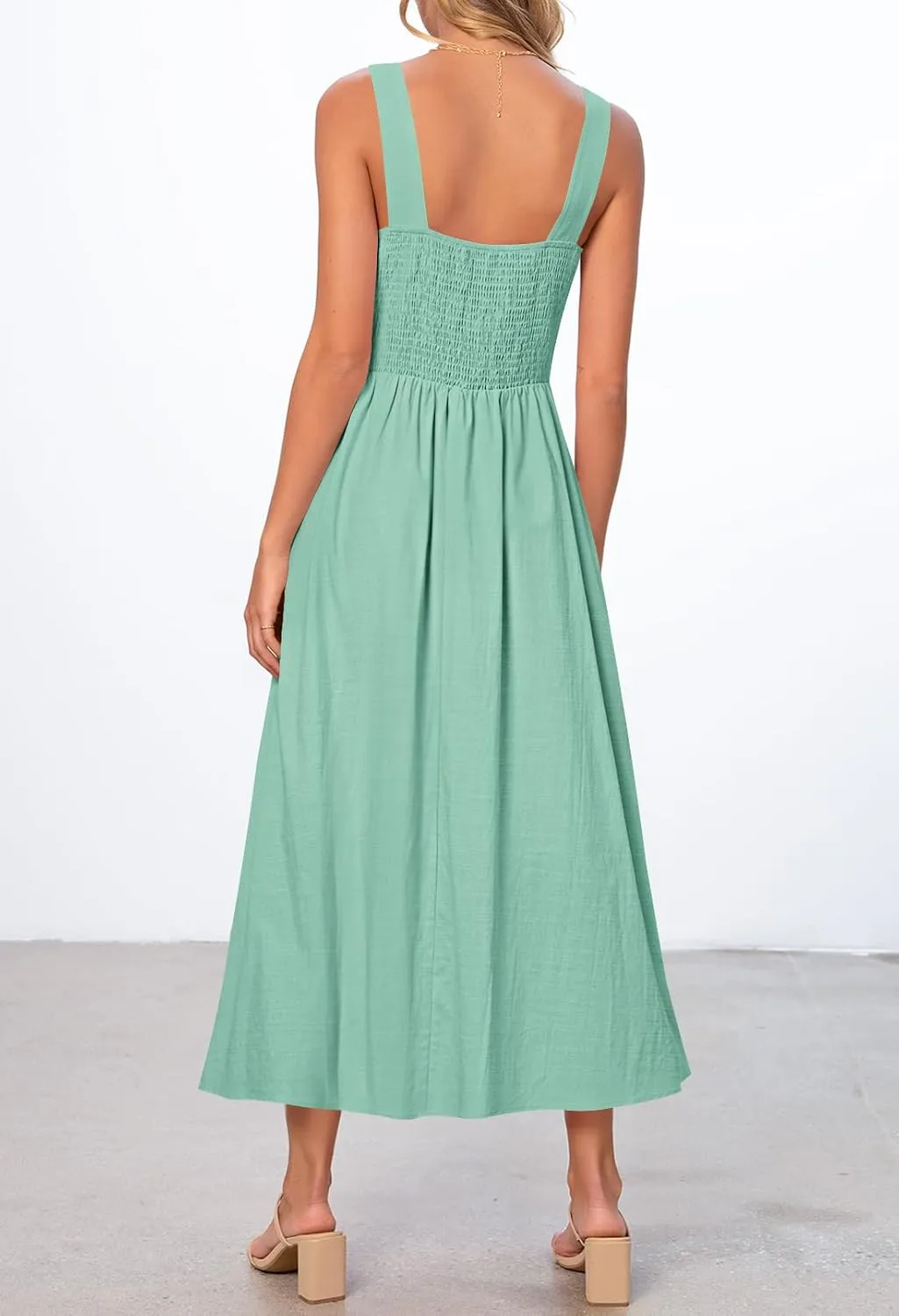 MEROKEETY Women's 2025 Summer Sleeveless Midi Dress Square Neck Smocked Flowy A Line Beach Dresses
