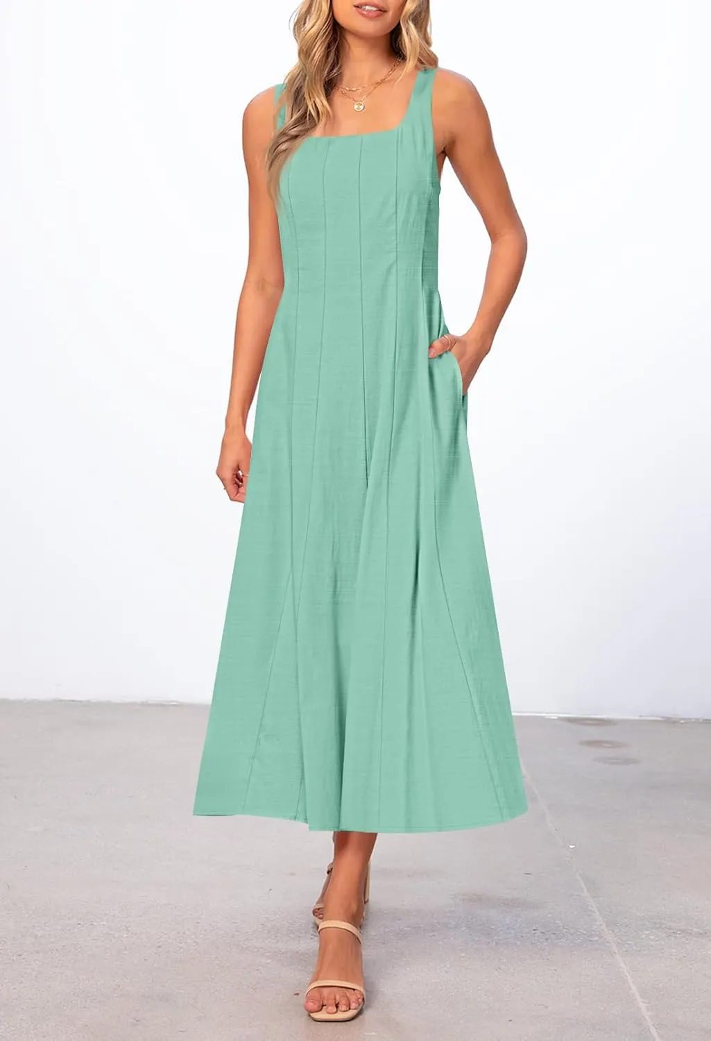 MEROKEETY Women's 2025 Summer Sleeveless Midi Dress Square Neck Smocked Flowy A Line Beach Dresses