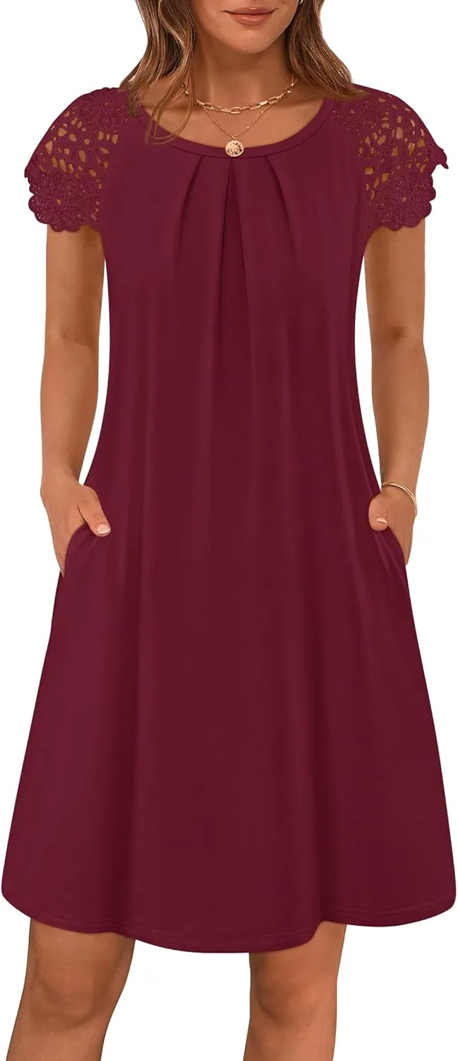 MEROKEETY Women's Casual Summer T Shirt Dress Beach Vacation Lace Sleeveless Flowy Pleated Mini Sundress