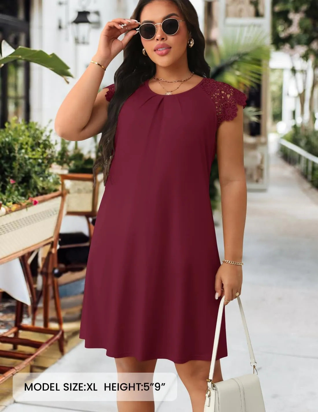 MEROKEETY Women's Casual Summer T Shirt Dress Beach Vacation Lace Sleeveless Flowy Pleated Mini Sundress