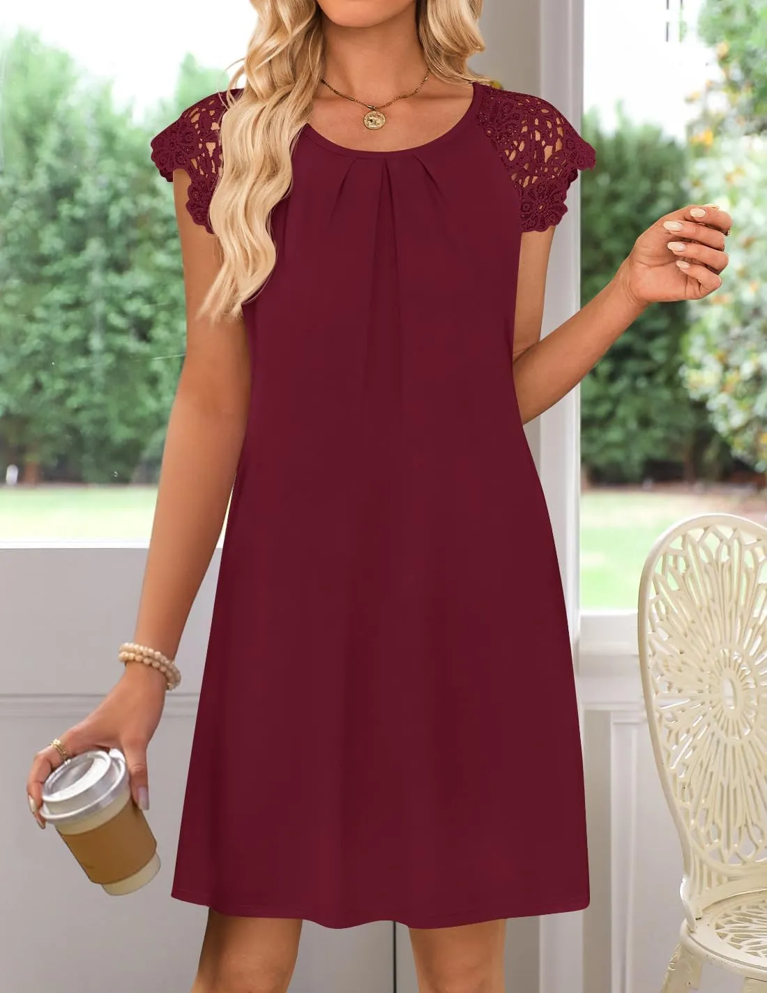 MEROKEETY Women's Casual Summer T Shirt Dress Beach Vacation Lace Sleeveless Flowy Pleated Mini Sundress