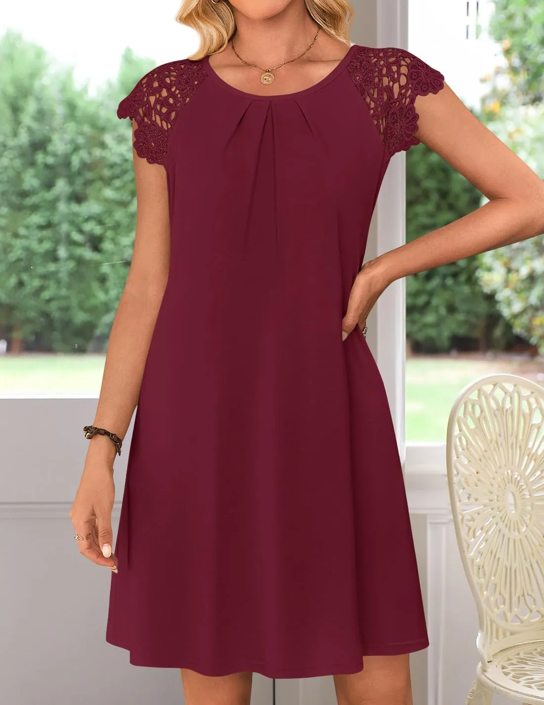MEROKEETY Women's Casual Summer T Shirt Dress Beach Vacation Lace Sleeveless Flowy Pleated Mini Sundress