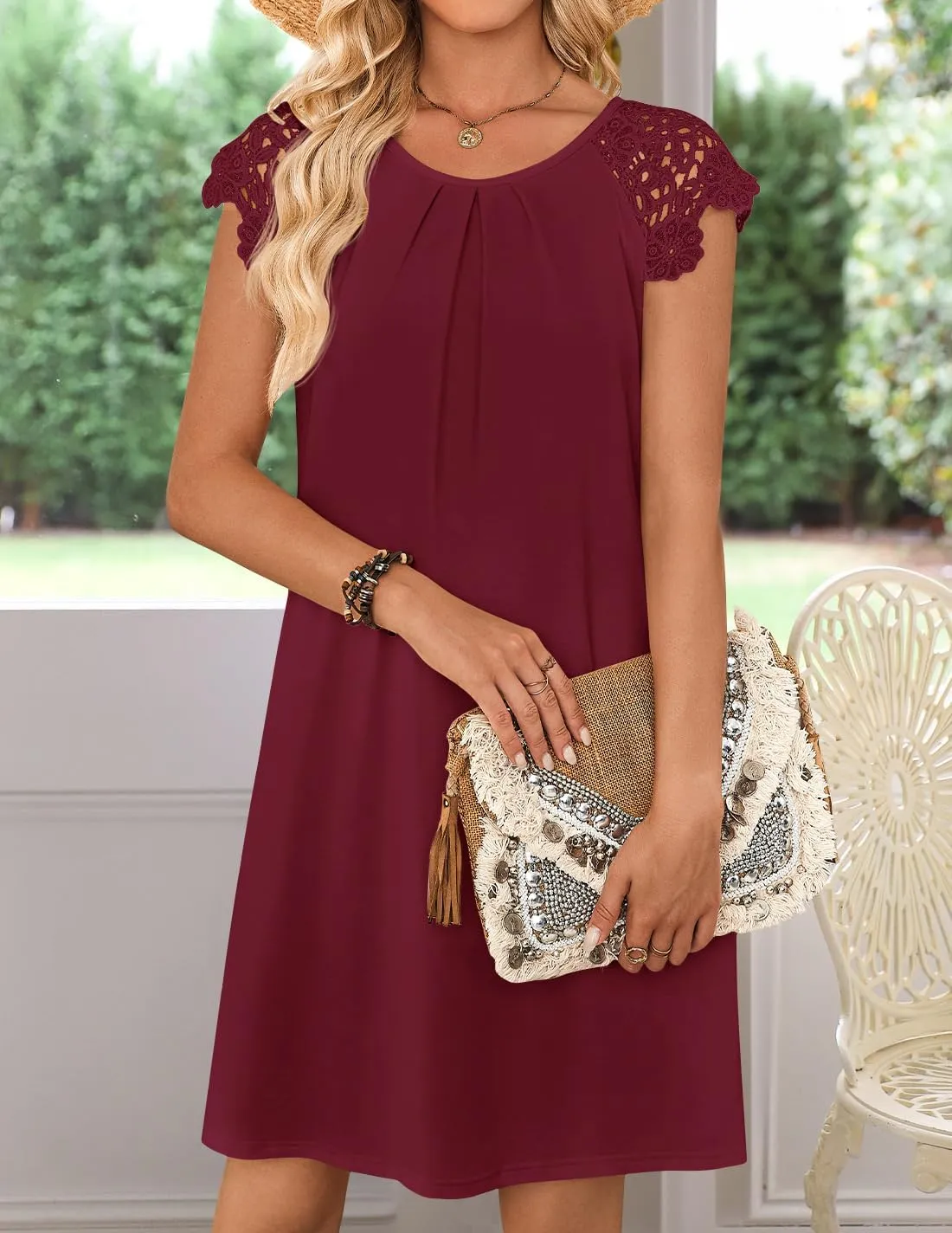 MEROKEETY Women's Casual Summer T Shirt Dress Beach Vacation Lace Sleeveless Flowy Pleated Mini Sundress
