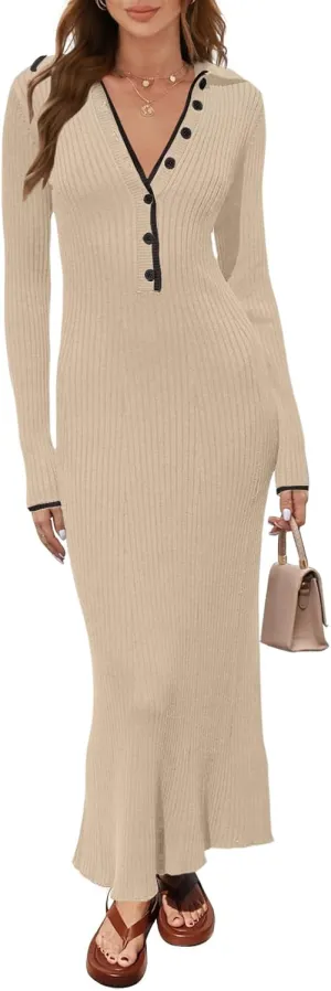 MEROKEETY Women's Long Sleeve V Neck Sweater Dress Button Ribbed Knit Slim Fit Elegant Maxi Dresses