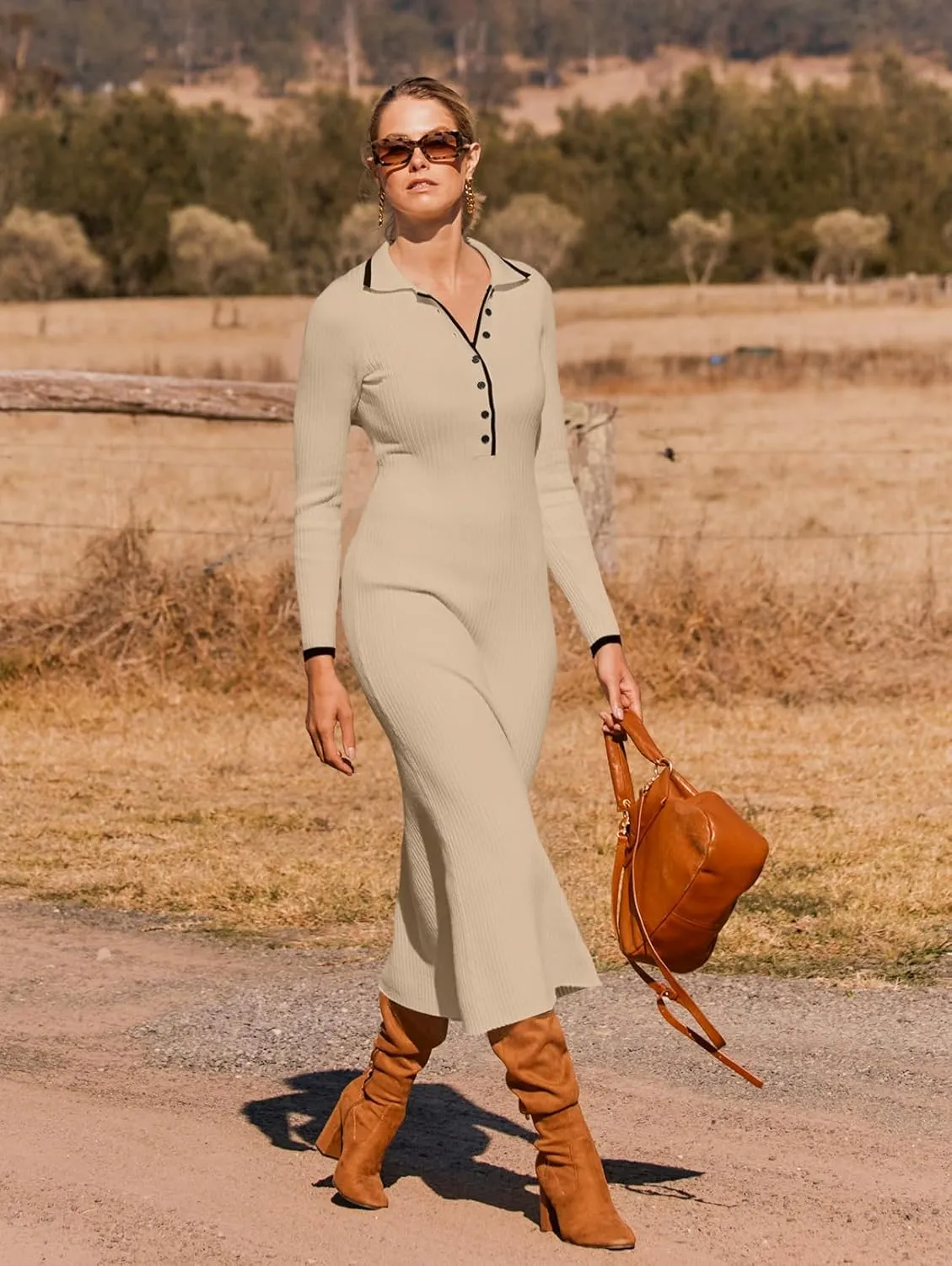 MEROKEETY Women's Long Sleeve V Neck Sweater Dress Button Ribbed Knit Slim Fit Elegant Maxi Dresses