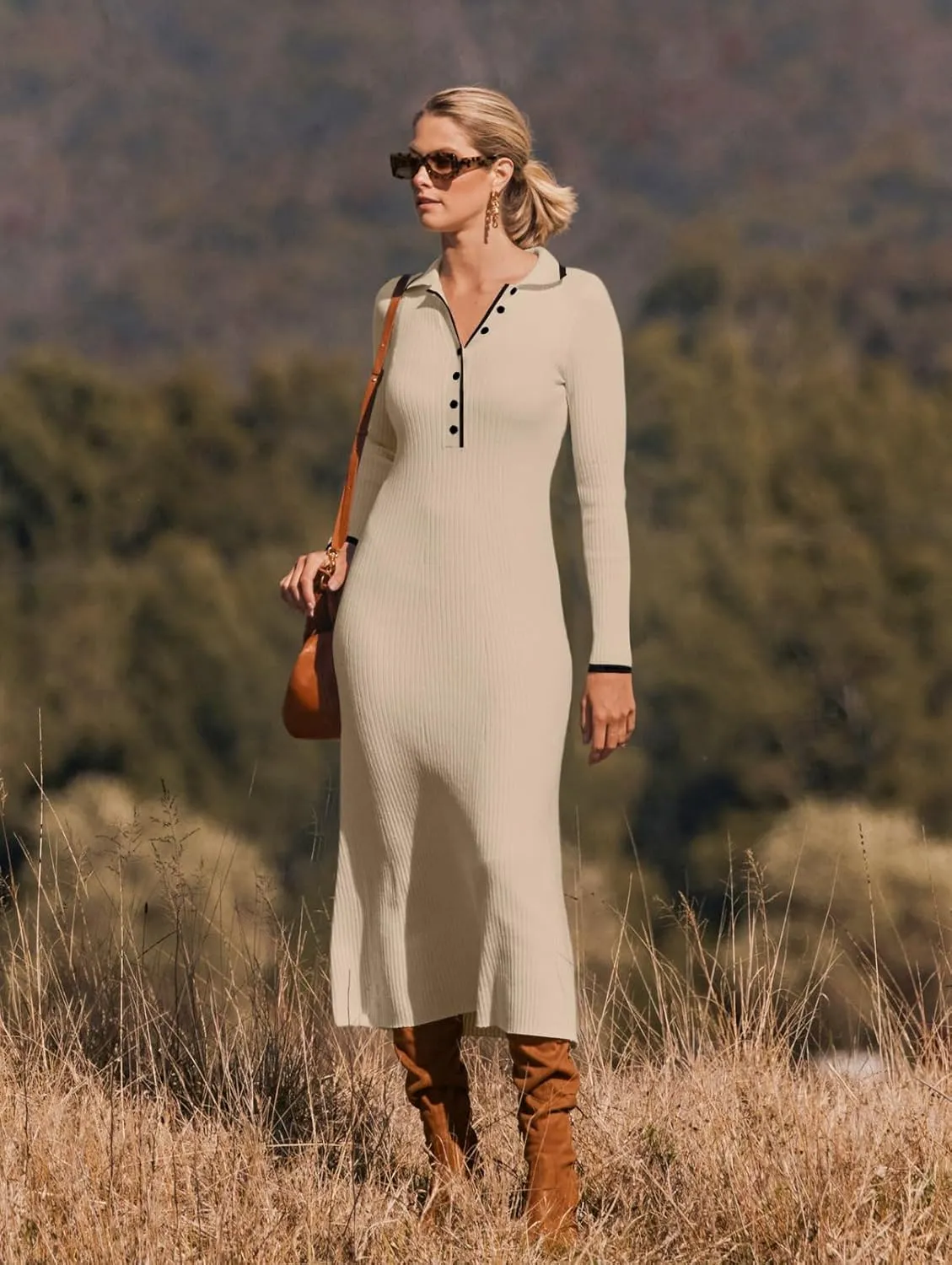 MEROKEETY Women's Long Sleeve V Neck Sweater Dress Button Ribbed Knit Slim Fit Elegant Maxi Dresses