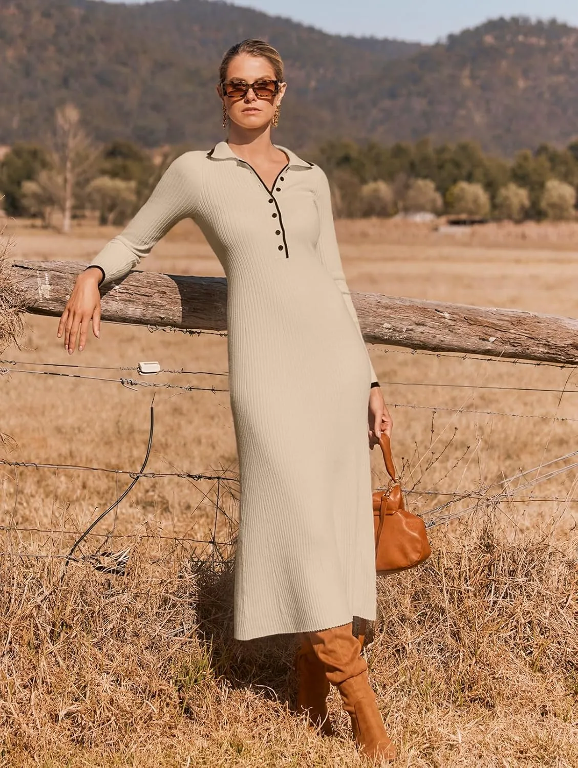 MEROKEETY Women's Long Sleeve V Neck Sweater Dress Button Ribbed Knit Slim Fit Elegant Maxi Dresses