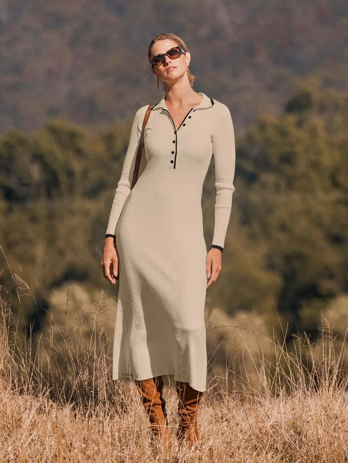 MEROKEETY Women's Long Sleeve V Neck Sweater Dress Button Ribbed Knit Slim Fit Elegant Maxi Dresses