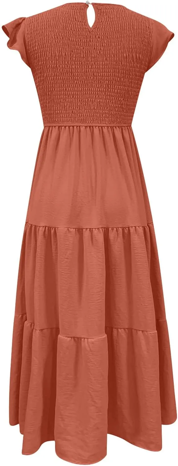 Midi Dresses for Women High Waited Tiered Dress Ruffle Sleeve Sun Dresses Flowy Going Out Dress 2023 Summer Clothes