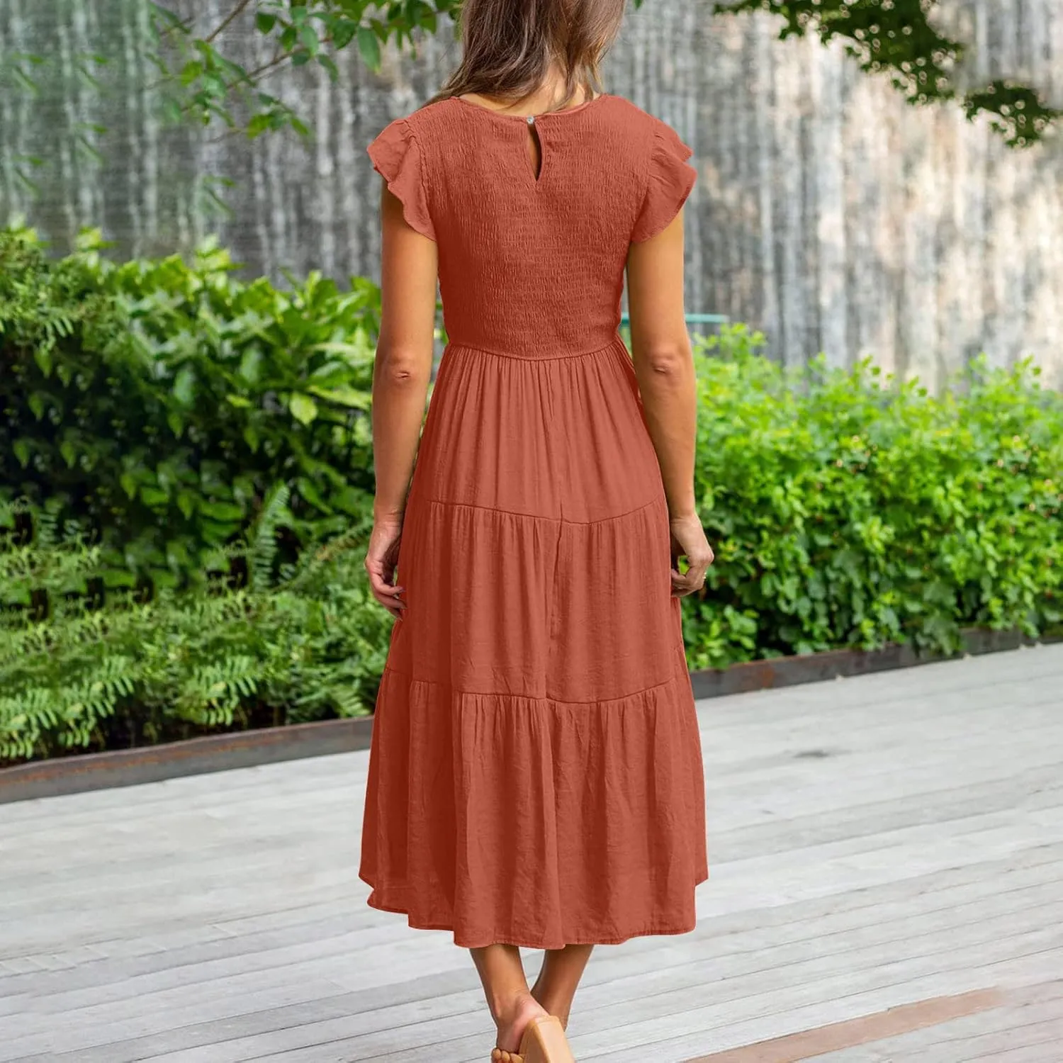 Midi Dresses for Women High Waited Tiered Dress Ruffle Sleeve Sun Dresses Flowy Going Out Dress 2023 Summer Clothes