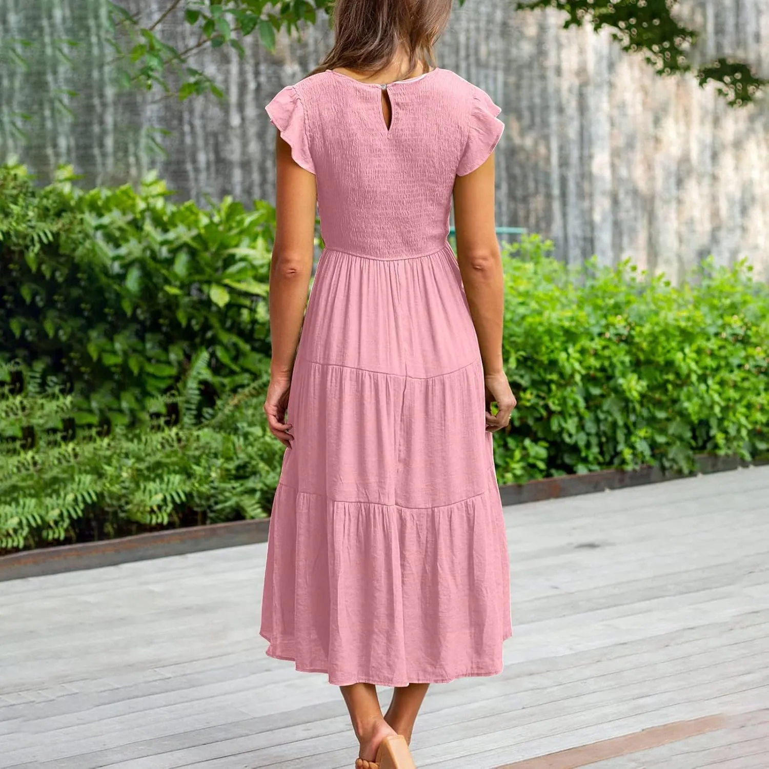 Midi Dresses for Women High Waited Tiered Dress Ruffle Sleeve Sun Dresses Flowy Going Out Dress 2023 Summer Clothes