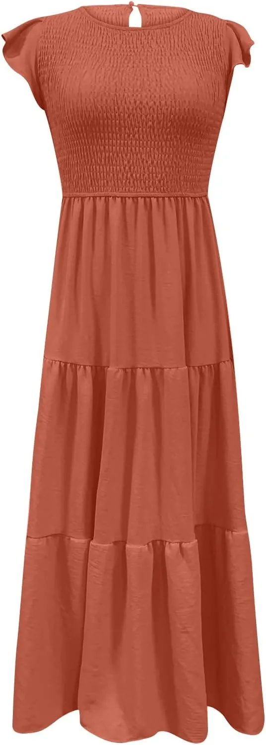 Midi Dresses for Women High Waited Tiered Dress Ruffle Sleeve Sun Dresses Flowy Going Out Dress 2023 Summer Clothes