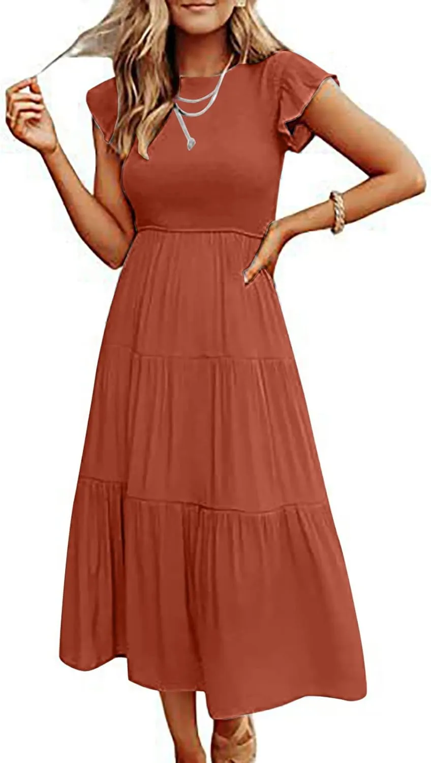 Midi Dresses for Women High Waited Tiered Dress Ruffle Sleeve Sun Dresses Flowy Going Out Dress 2023 Summer Clothes