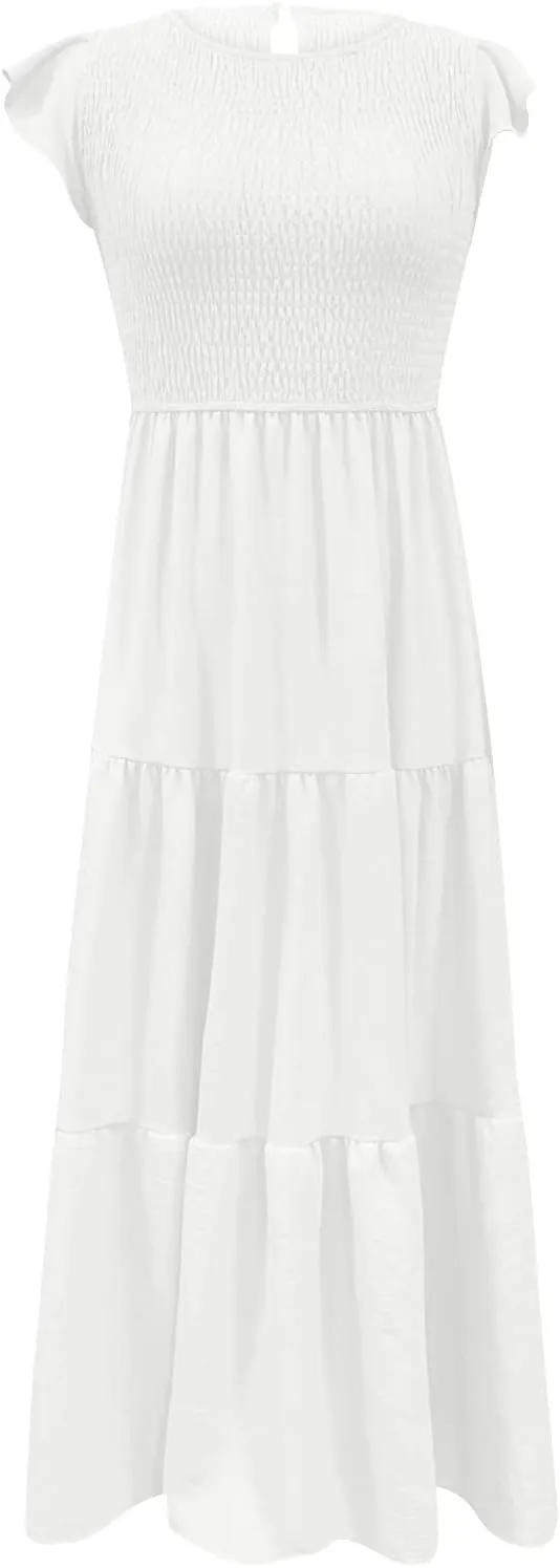 Midi Dresses for Women High Waited Tiered Dress Ruffle Sleeve Sun Dresses Flowy Going Out Dress 2023 Summer Clothes