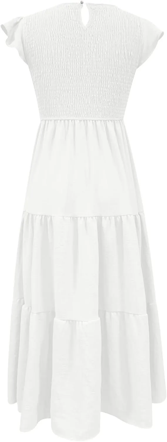 Midi Dresses for Women High Waited Tiered Dress Ruffle Sleeve Sun Dresses Flowy Going Out Dress 2023 Summer Clothes