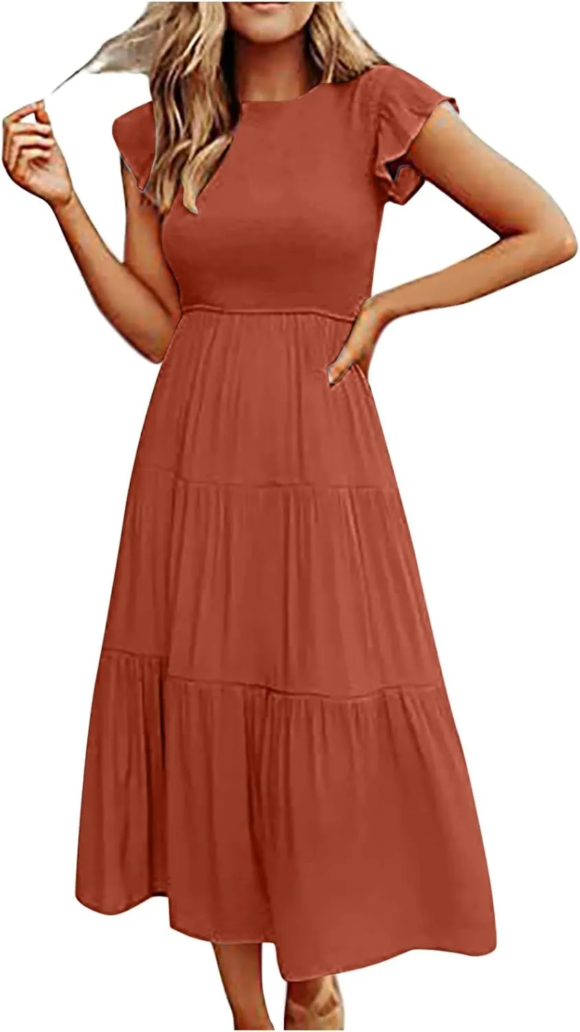 Midi Dresses for Women High Waited Tiered Dress Ruffle Sleeve Sun Dresses Flowy Going Out Dress 2023 Summer Clothes