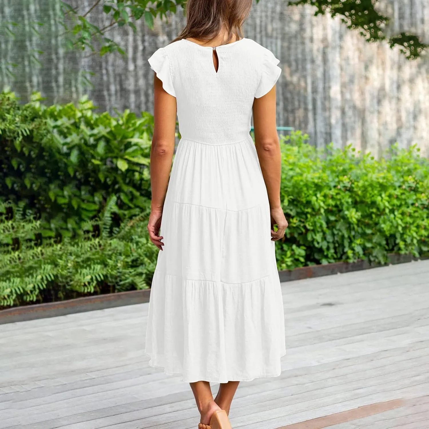 Midi Dresses for Women High Waited Tiered Dress Ruffle Sleeve Sun Dresses Flowy Going Out Dress 2023 Summer Clothes