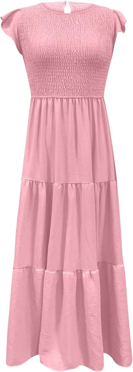 Midi Dresses for Women High Waited Tiered Dress Ruffle Sleeve Sun Dresses Flowy Going Out Dress 2023 Summer Clothes