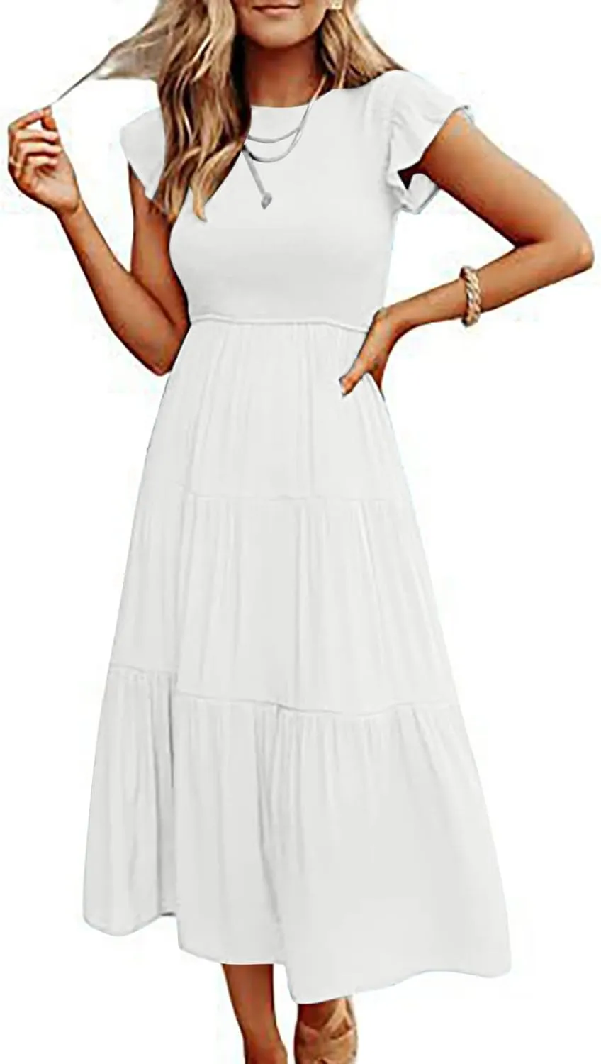 Midi Dresses for Women High Waited Tiered Dress Ruffle Sleeve Sun Dresses Flowy Going Out Dress 2023 Summer Clothes