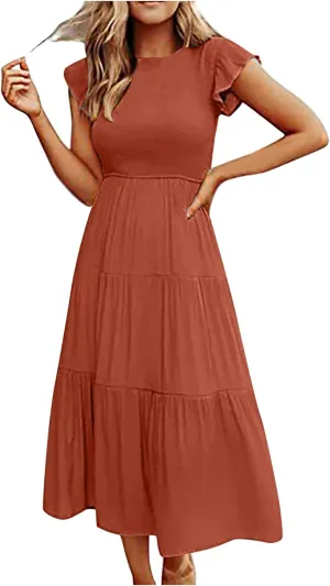 Midi Dresses for Women High Waited Tiered Dress Ruffle Sleeve Sun Dresses Flowy Going Out Dress 2023 Summer Clothes