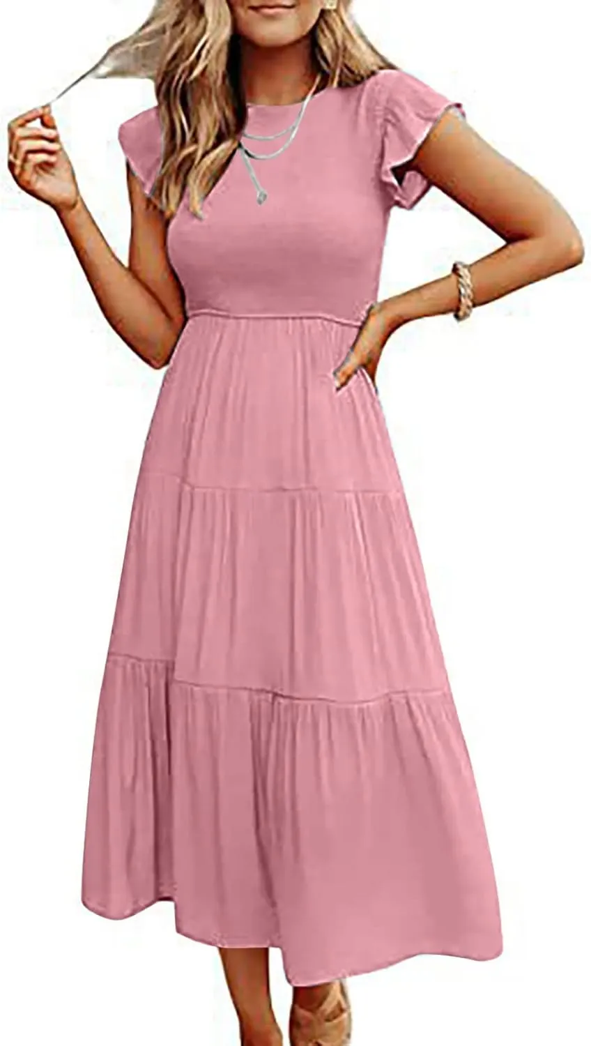 Midi Dresses for Women High Waited Tiered Dress Ruffle Sleeve Sun Dresses Flowy Going Out Dress 2023 Summer Clothes