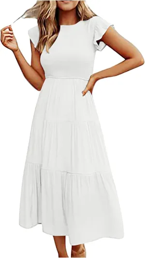 Midi Dresses for Women High Waited Tiered Dress Ruffle Sleeve Sun Dresses Flowy Going Out Dress 2023 Summer Clothes